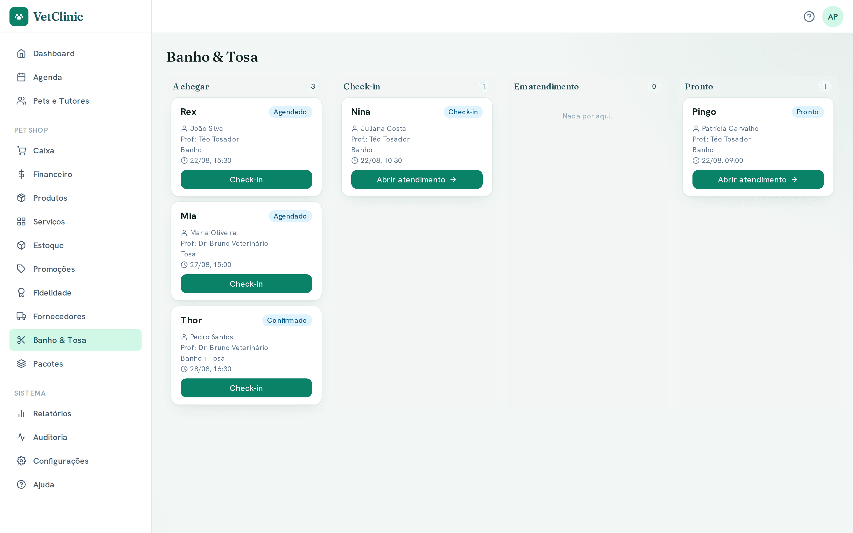 Painel de banho e tosa em kanban com as colunas a chegar, check-in, em andamento e pronto